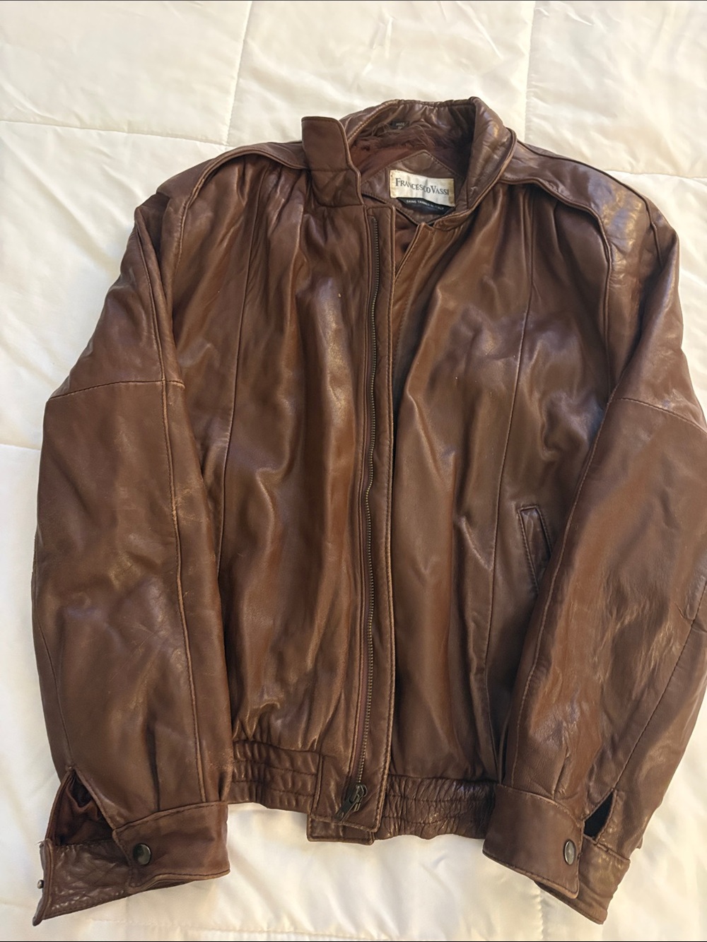 Men’s Vintage Francesco Vassi Brown Leather Bomber Jacket Size 42